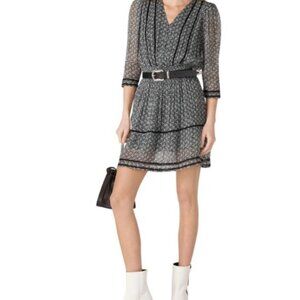 The Kooples Black & White Floral Mini Dress – V-Neck, Smocked Waist – Size 0